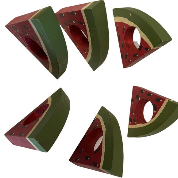 Napkin Rings Holder Wooden Watermelon 6 Picnic July 4th Holiday 4 3/4" X 5" - Picture 3 of 4